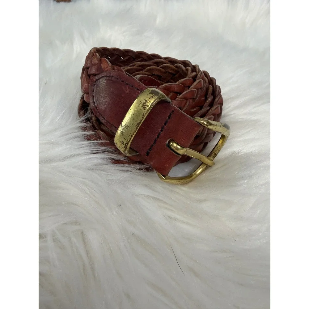 Vintage - Braided Leather Belt Gold Hardware Timeless Style